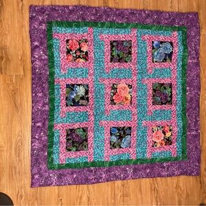 Handmade Purple, Pink, Blue Quilt, Floral Design, Cabin Block Pattern, 45”x45”